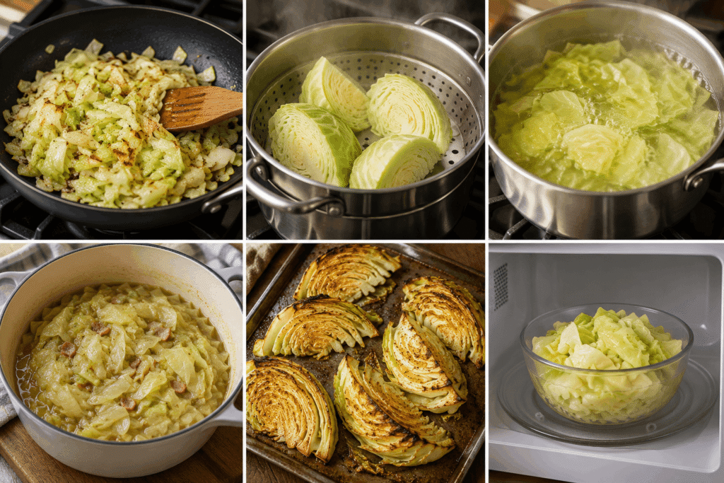Different ways to cook cabbage including sautéing, steaming, boiling, braising, roasting, and microwaving