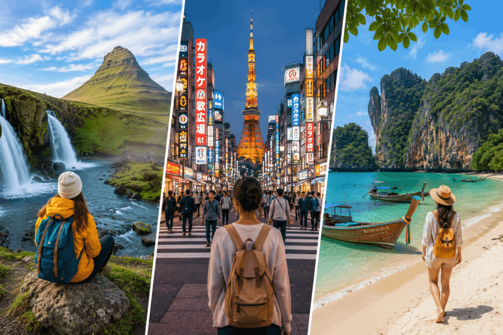 Iceland landscape,  Japan city, Thailand beach