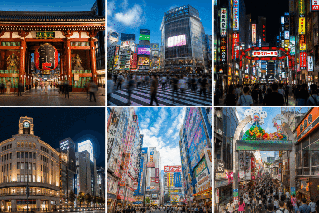 Tokyo neighborhoods including Asakusa, Shibuya, Shinjuku, Ginza, Akihabara, and Harajuku